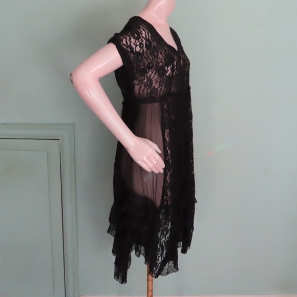 Free People Black Lace Sheer Tunic S Romantic Asymmetric Hem Cap Sleeves - Picture 4 of 7
